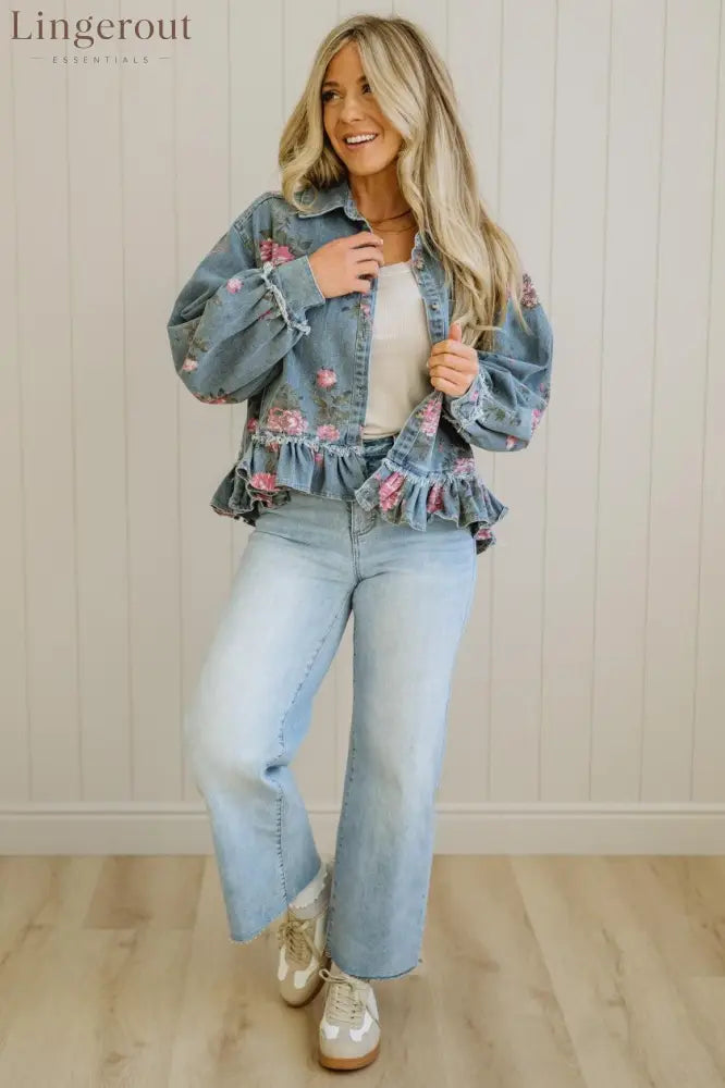 Floral Print Ruffled Denim Jacket