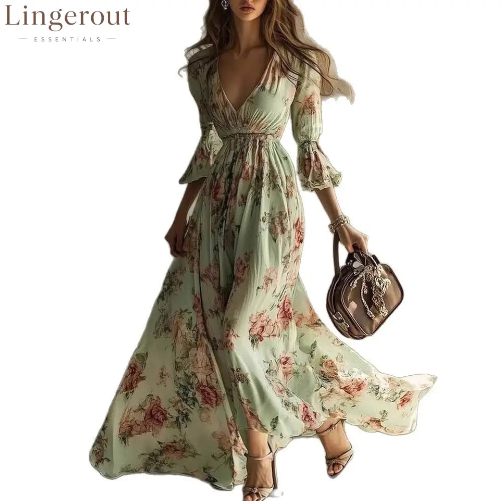 Floral Print V-Neck 3/4 Ruffle Sleeve Flowy Maxi Dress