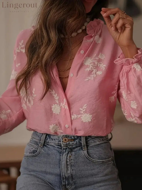 Flower Button Up Long Sleeve Shirt - Pink / S