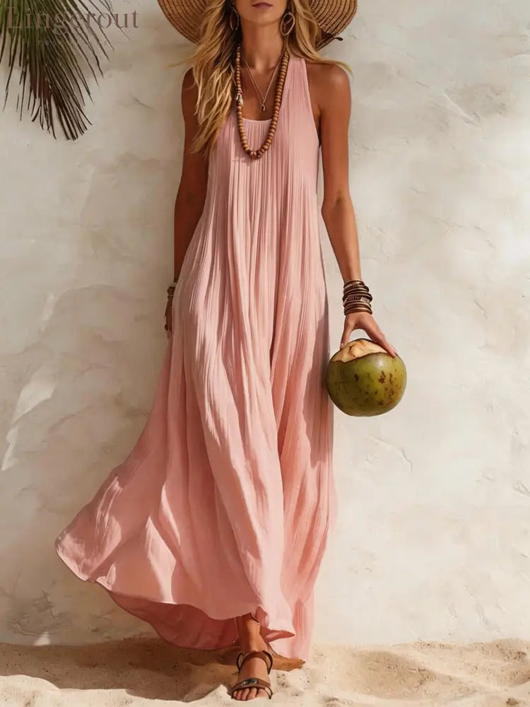 Flowy Halter Maxi Dress - Pink / S