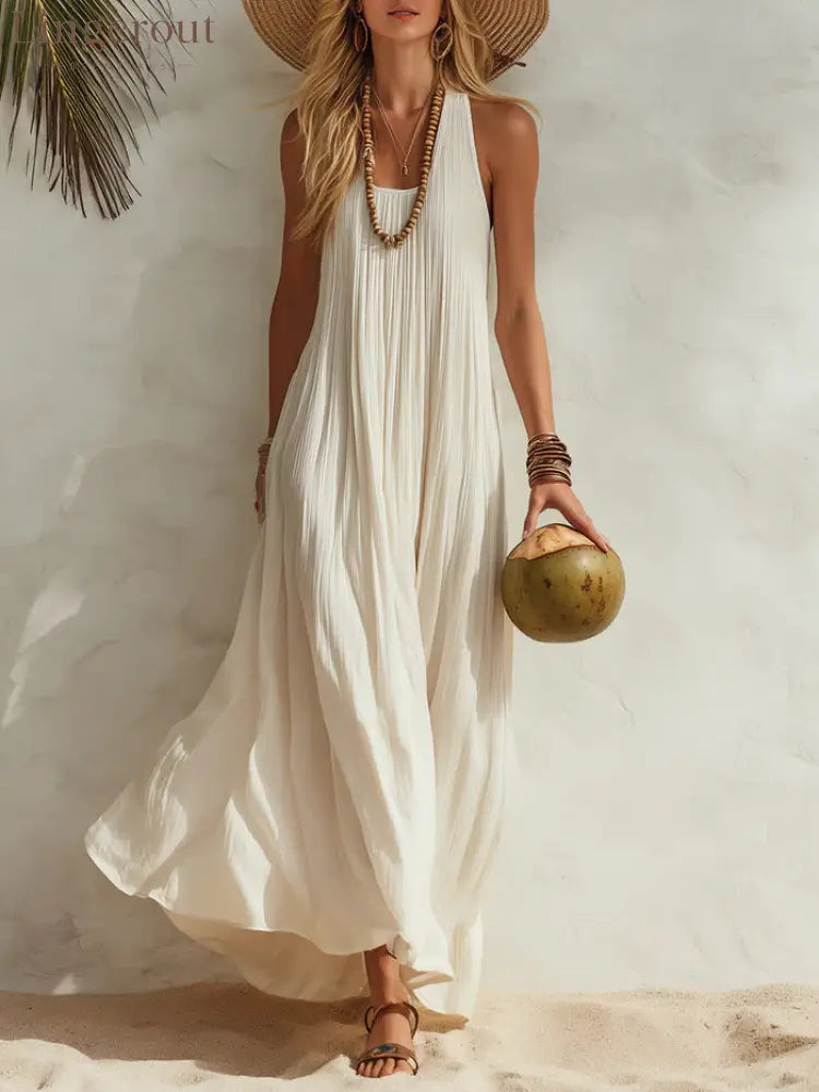 Flowy Halter Maxi Dress - White / S