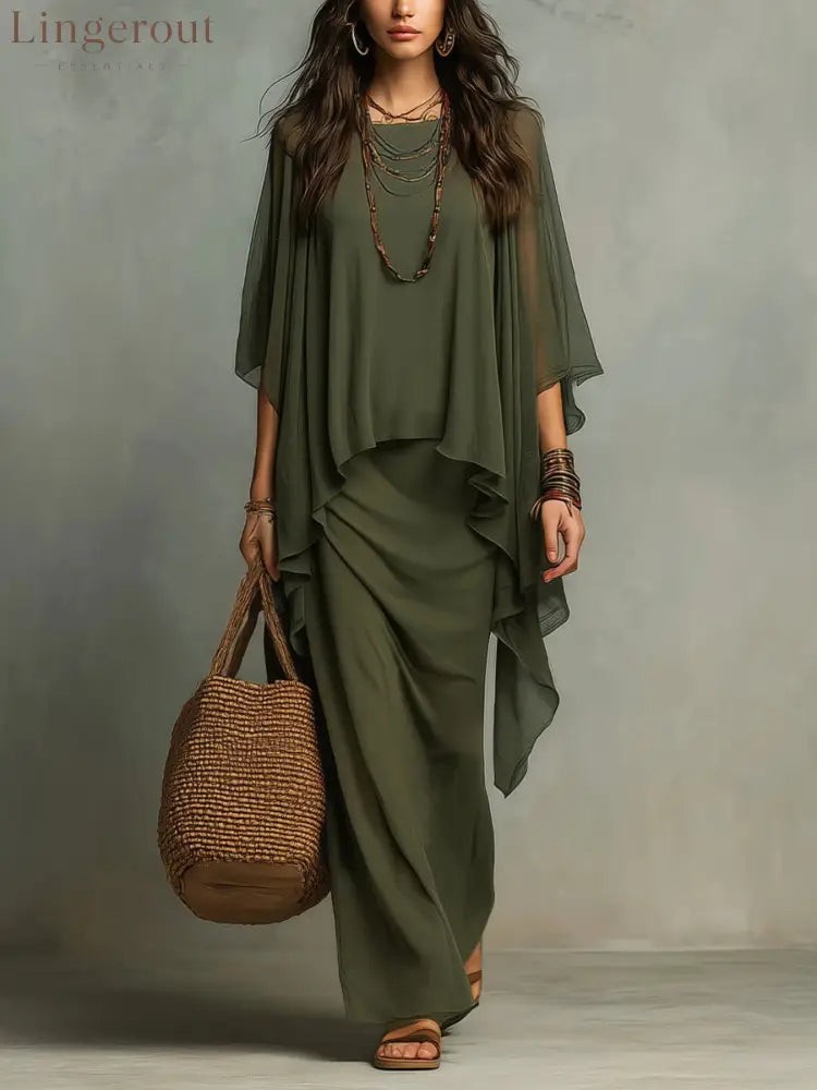 Flowy Linen Blend Poncho Top & Skirt Set