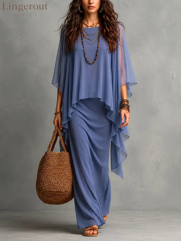 Flowy Linen Blend Poncho Top & Skirt Set