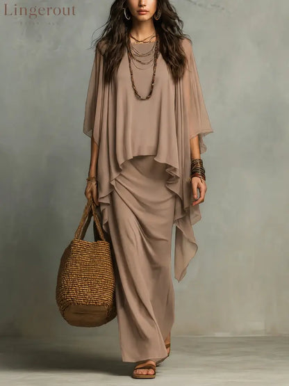 Flowy Linen Blend Poncho Top & Skirt Set