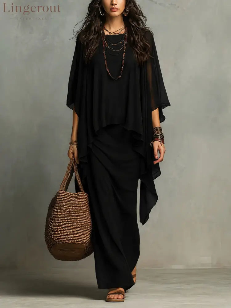 Flowy Linen Blend Poncho Top & Skirt Set