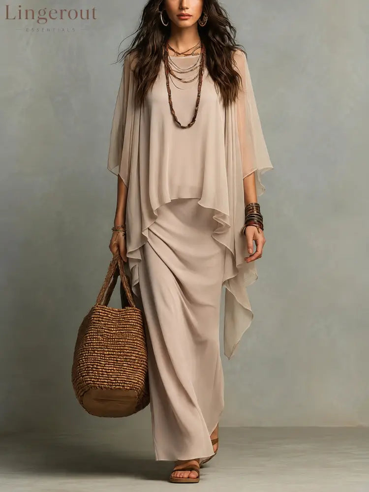Flowy Linen Blend Poncho Top & Skirt Set - Apricot / S