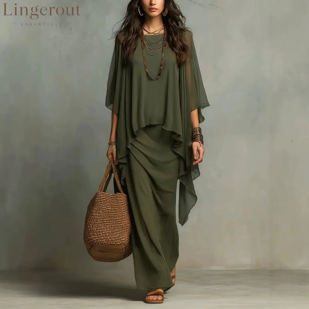 Flowy Linen Blend Poncho Top & Skirt Set - Green / S