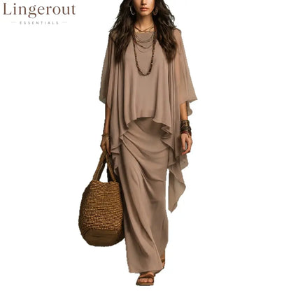 Flowy Linen Blend Poncho Top & Skirt Set - Khaki / S