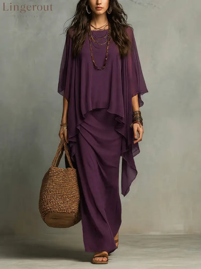 Flowy Linen Blend Poncho Top & Skirt Set - Purple / S