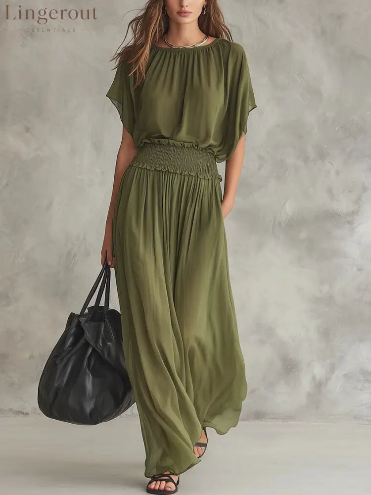 Flowy Wide-Leg Smocked Waist Jumpsuit - Green / S