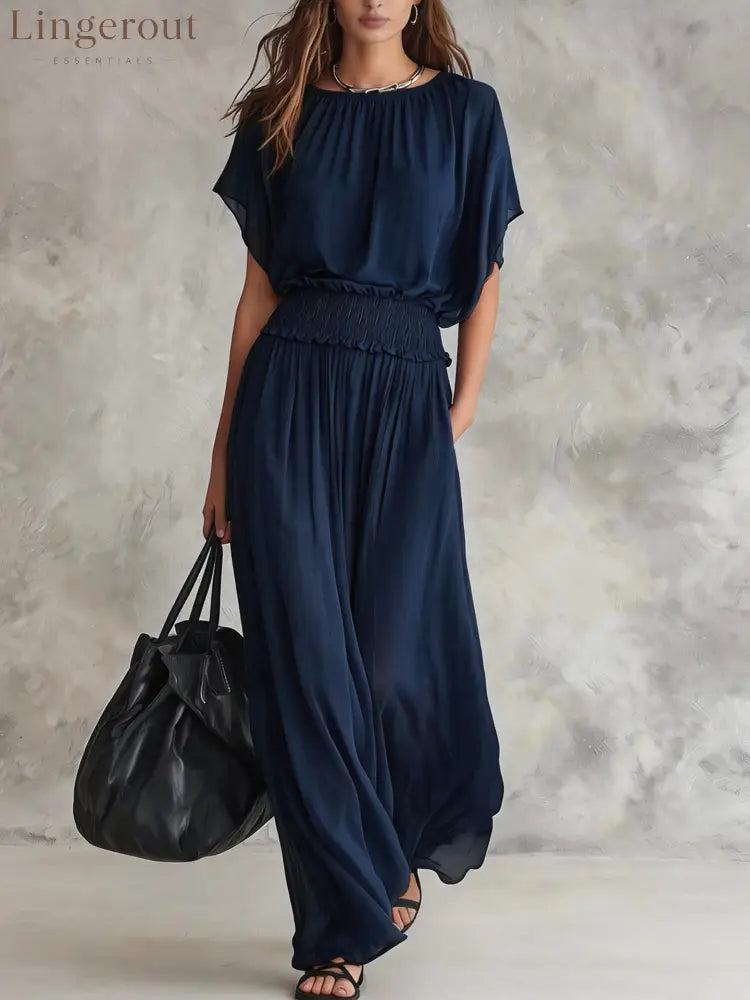 Flowy Wide-Leg Smocked Waist Jumpsuit - Navy / S