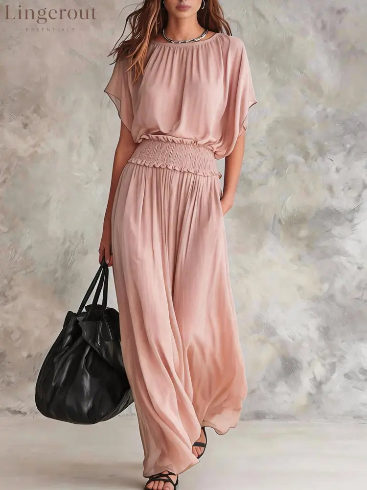 Flowy Wide-Leg Smocked Waist Jumpsuit - Pink / S