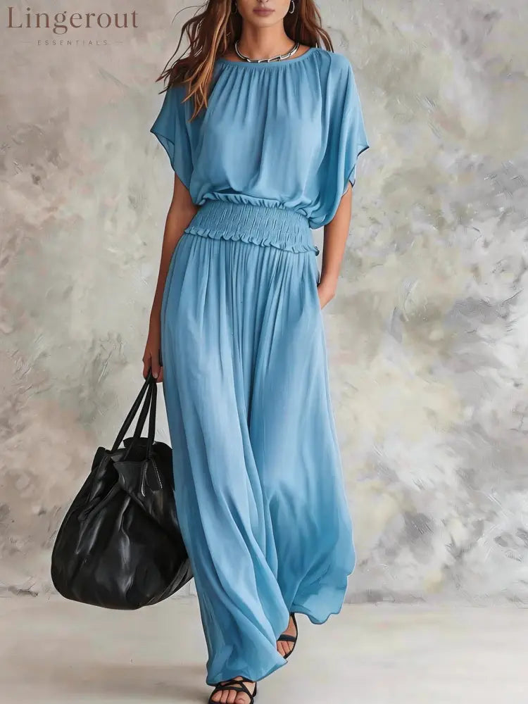 Flowy Wide-Leg Smocked Waist Jumpsuit - Sky blue / S