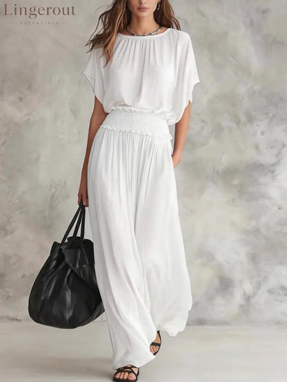 Flowy Wide-Leg Smocked Waist Jumpsuit - White / S
