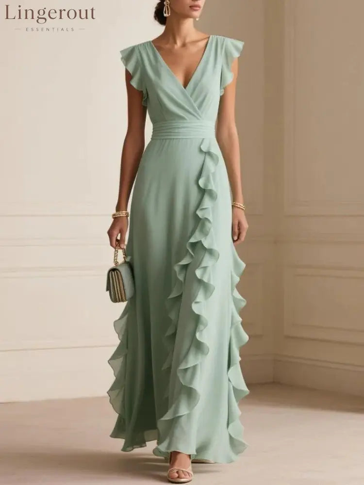 Flutter Sleeve Ruffle Maxi Dress - Green / S