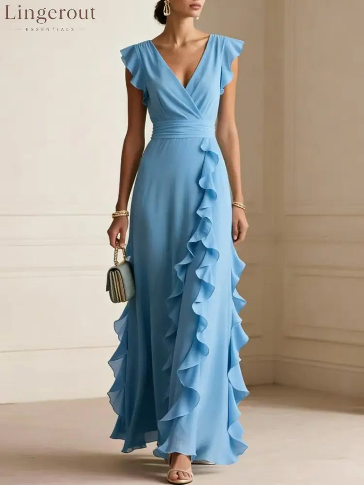 Flutter Sleeve Ruffle Maxi Dress - Sky blue / S
