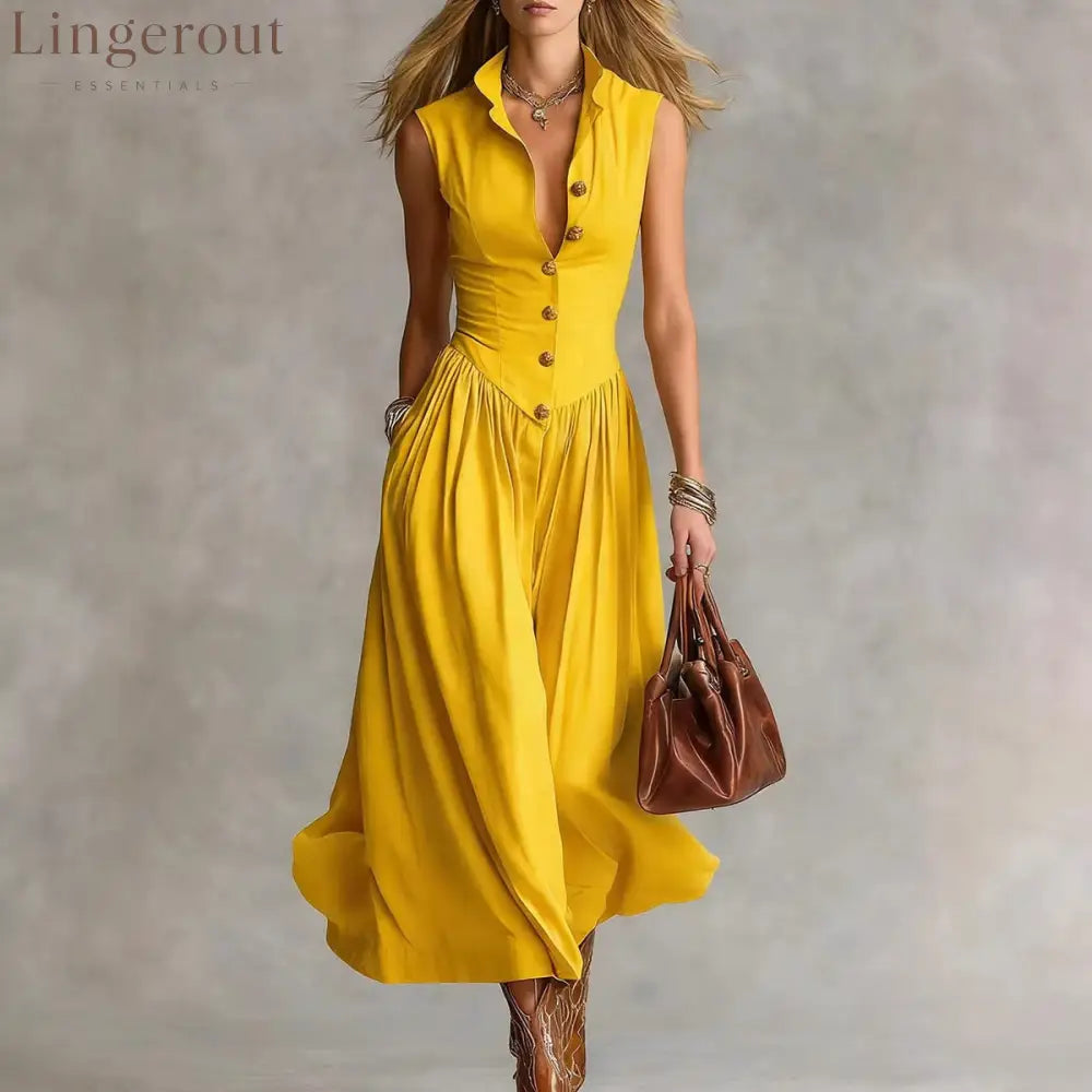French Elegant Goddess Style Slim Fit Lapel Long Sleeveless Dress For Women