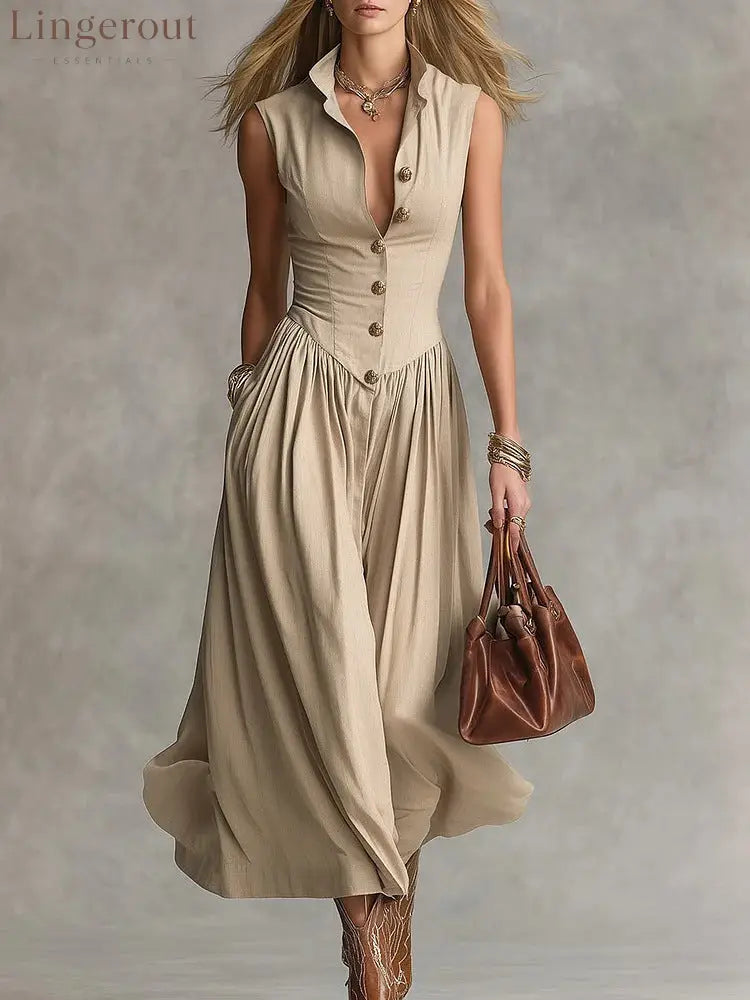 French Elegant Goddess Style Slim Fit Lapel Long Sleeveless Dress For Women - Khaki / S