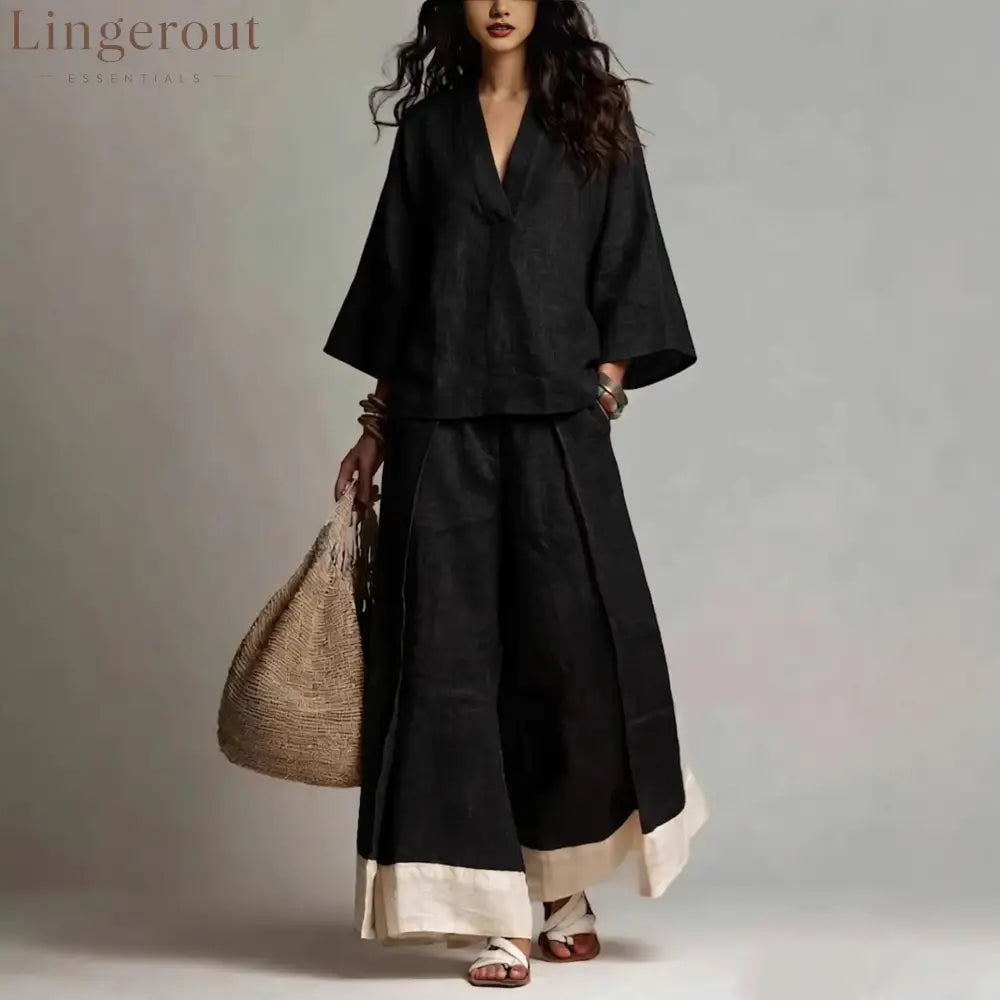 French V-Neck Three-Quarter Sleeve Shirt + Contrasting Color Wide-Leg Pants Suit For Women