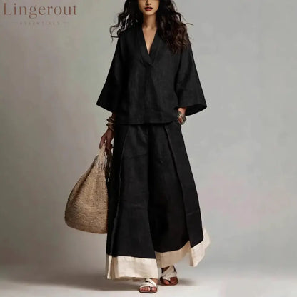 French V-Neck Three-Quarter Sleeve Shirt + Contrasting Color Wide-Leg Pants Suit For Women