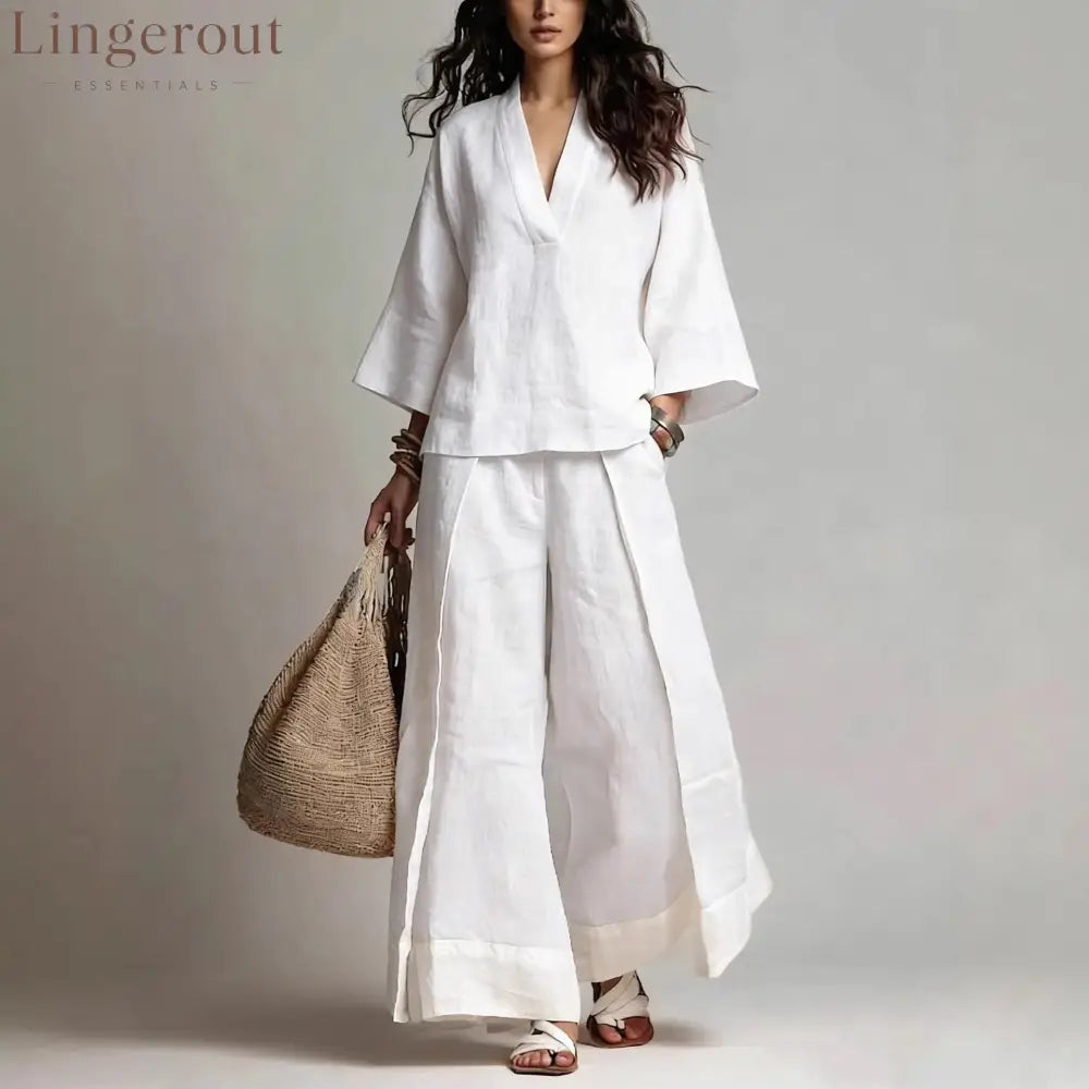 French V-Neck Three-Quarter Sleeve Shirt + Contrasting Color Wide-Leg Pants Suit For Women