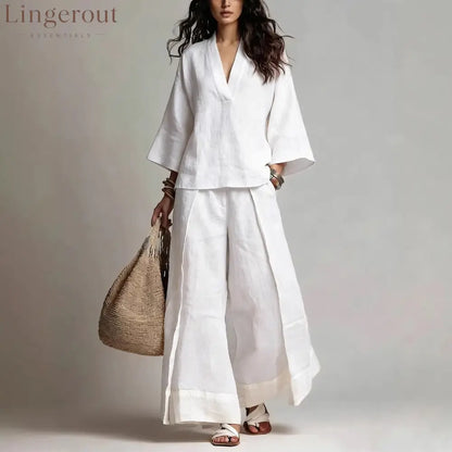 French V-Neck Three-Quarter Sleeve Shirt + Contrasting Color Wide-Leg Pants Suit For Women