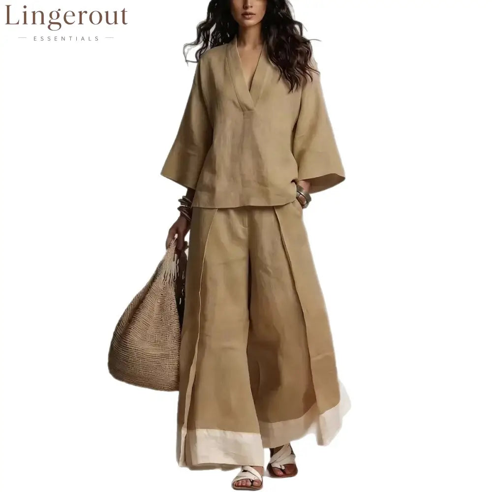 French V-Neck Three-Quarter Sleeve Shirt + Contrasting Color Wide-Leg Pants Suit For Women