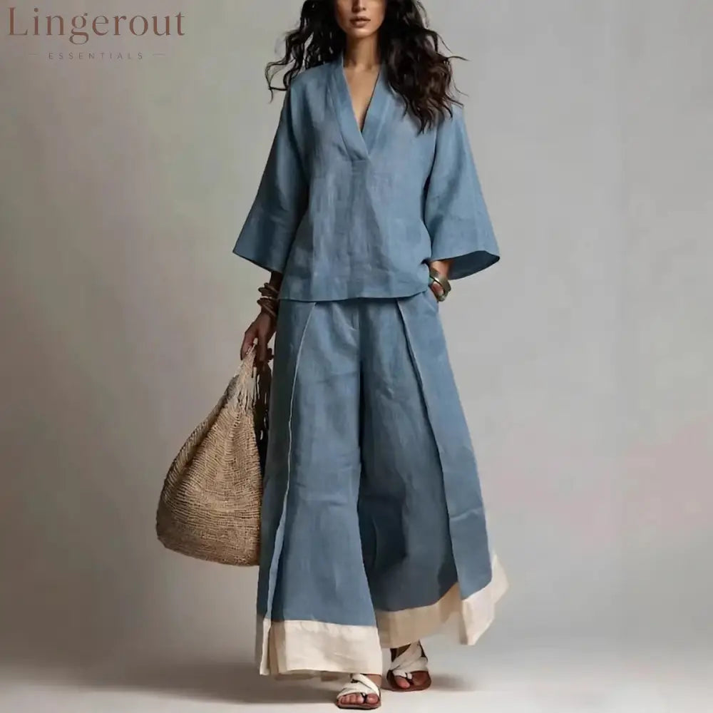 French V-Neck Three-Quarter Sleeve Shirt + Contrasting Color Wide-Leg Pants Suit For Women