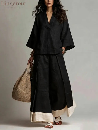 French V-Neck Three-Quarter Sleeve Shirt + Contrasting Color Wide-Leg Pants Suit For Women - Black / S