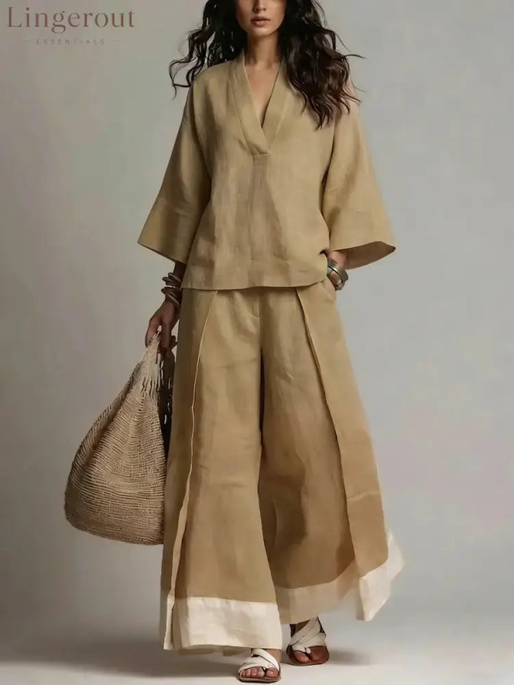 French V-Neck Three-Quarter Sleeve Shirt + Contrasting Color Wide-Leg Pants Suit For Women - Camel / S