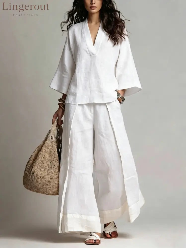 French V-Neck Three-Quarter Sleeve Shirt + Contrasting Color Wide-Leg Pants Suit For Women - White / S