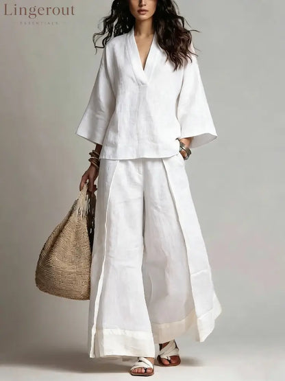 French V-Neck Three-Quarter Sleeve Shirt + Contrasting Color Wide-Leg Pants Suit For Women - White / S