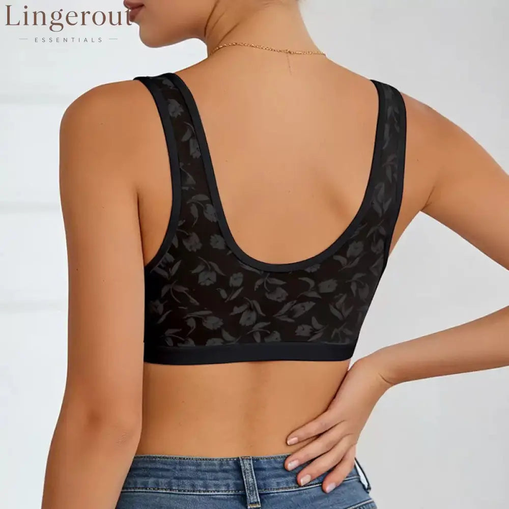 Front Hook Closure Racerback Wireless Bra Floral Lace Deep V No Underwire Everyday Support Bra