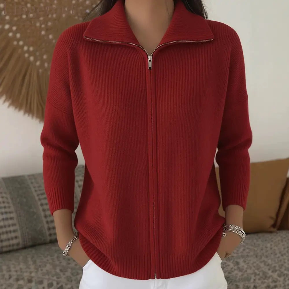 Full Zip Ribbed Knit Collared Cardigan