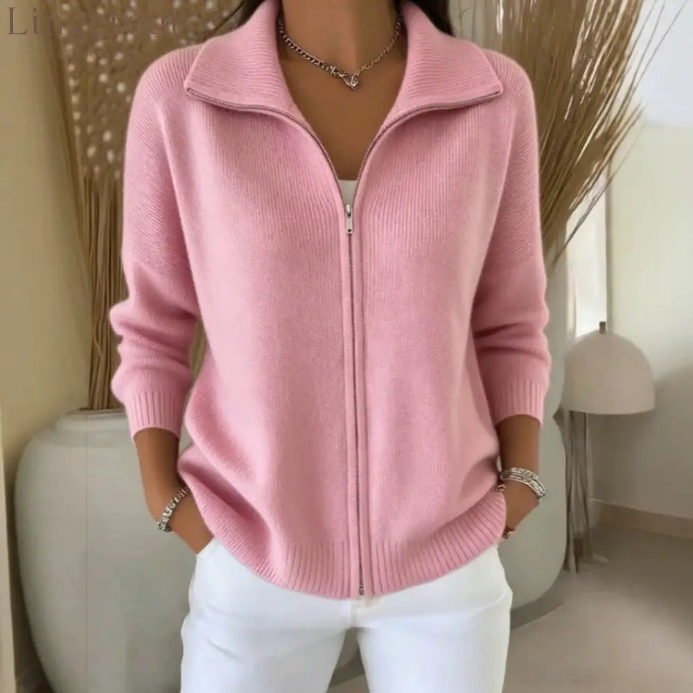Full Zip Ribbed Knit Collared Cardigan
