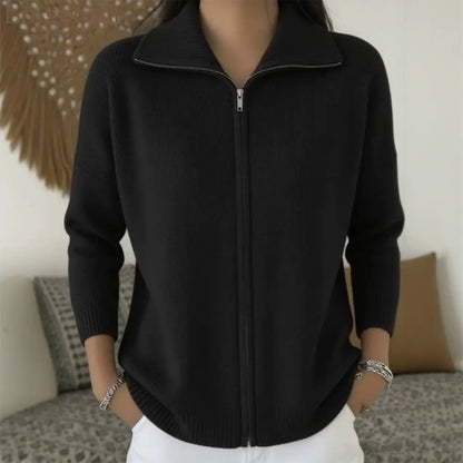 Full Zip Ribbed Knit Collared Cardigan