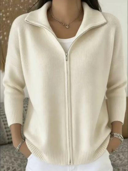 Full Zip Ribbed Knit Collared Cardigan - Apricot / S