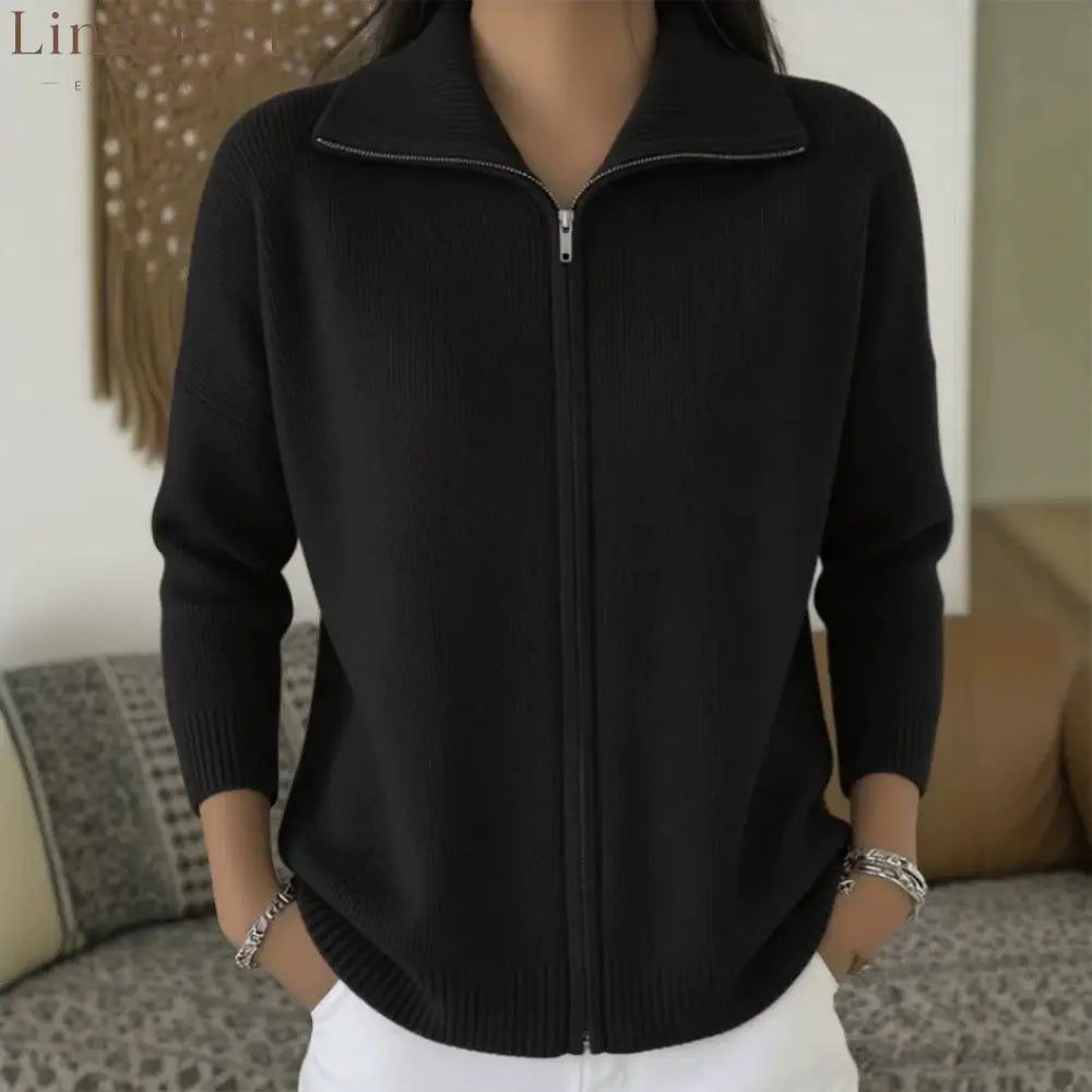 Full Zip Ribbed Knit Collared Cardigan - Black / S