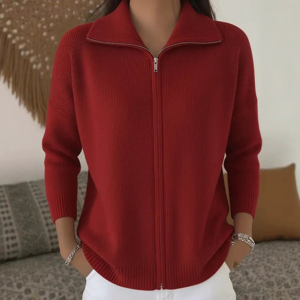 Full Zip Ribbed Knit Collared Cardigan - Claret / S