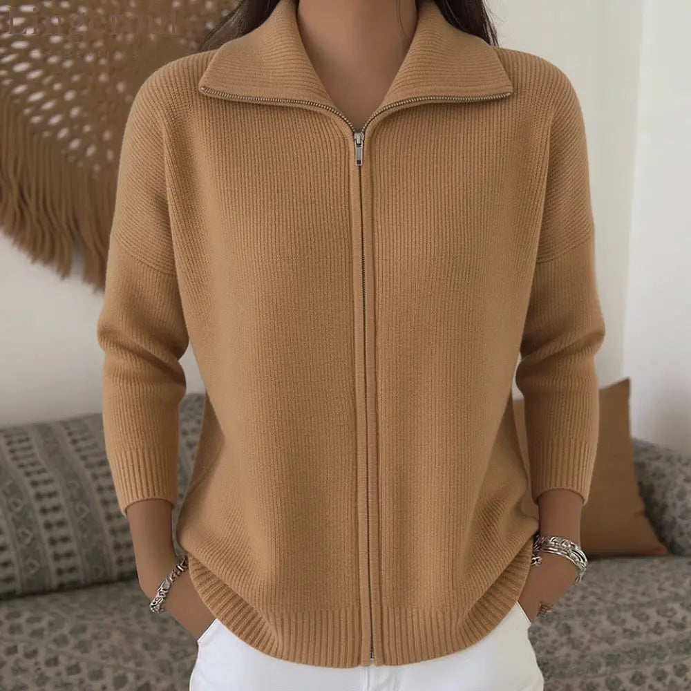 Full Zip Ribbed Knit Collared Cardigan - Khaki / S