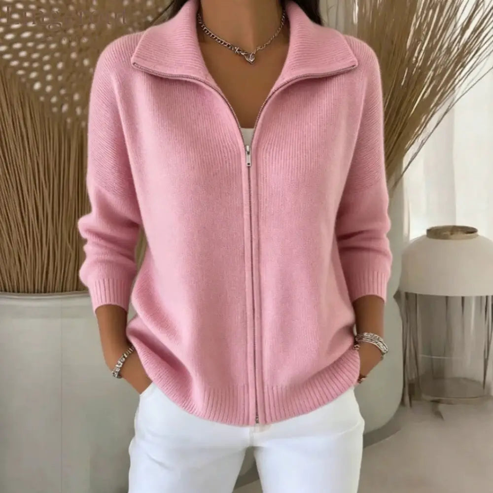 Full Zip Ribbed Knit Collared Cardigan - Pink / S