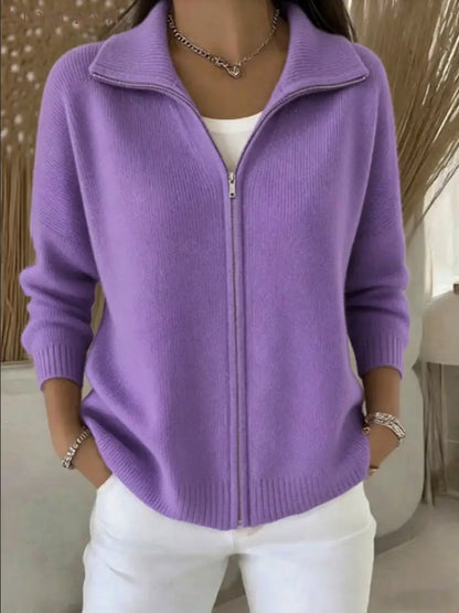 Full Zip Ribbed Knit Collared Cardigan - Purple / S