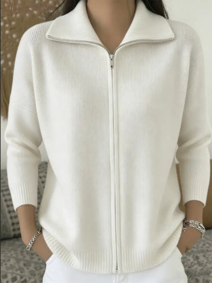 Full Zip Ribbed Knit Collared Cardigan - White / S