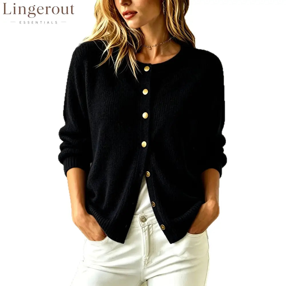 Fuzzy Knit Round Neck Gold Button Cardigan