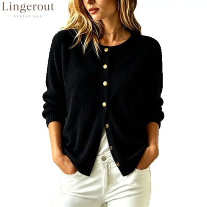 Fuzzy Knit Round Neck Gold Button Cardigan