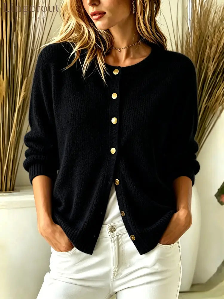 Fuzzy Knit Round Neck Gold Button Cardigan - Black / S