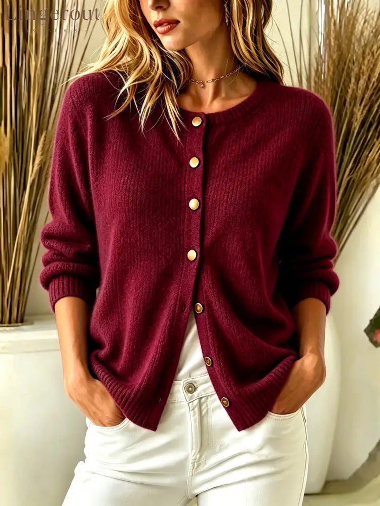 Fuzzy Knit Round Neck Gold Button Cardigan - Claret / S