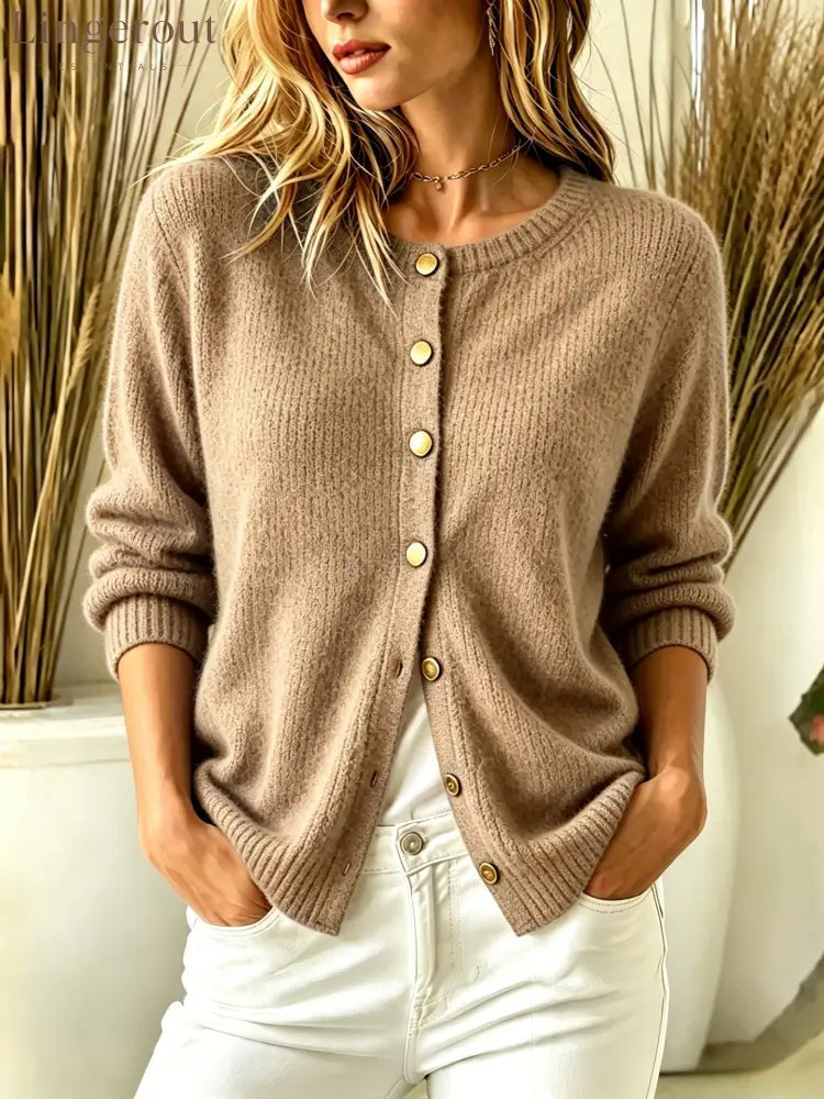 Fuzzy Knit Round Neck Gold Button Cardigan - Khaki / S
