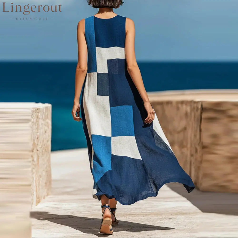 Geometric Color Block Sleeveless Vacation Maxi Dress