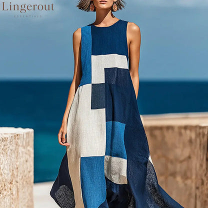 Geometric Color Block Sleeveless Vacation Maxi Dress